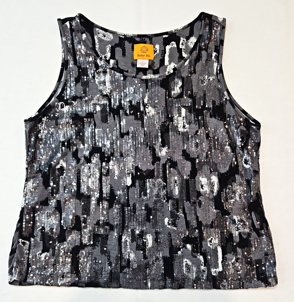 Ruby Rd. Women's Black Gray White Sequin Geometric Knit Stretch Tank Top L